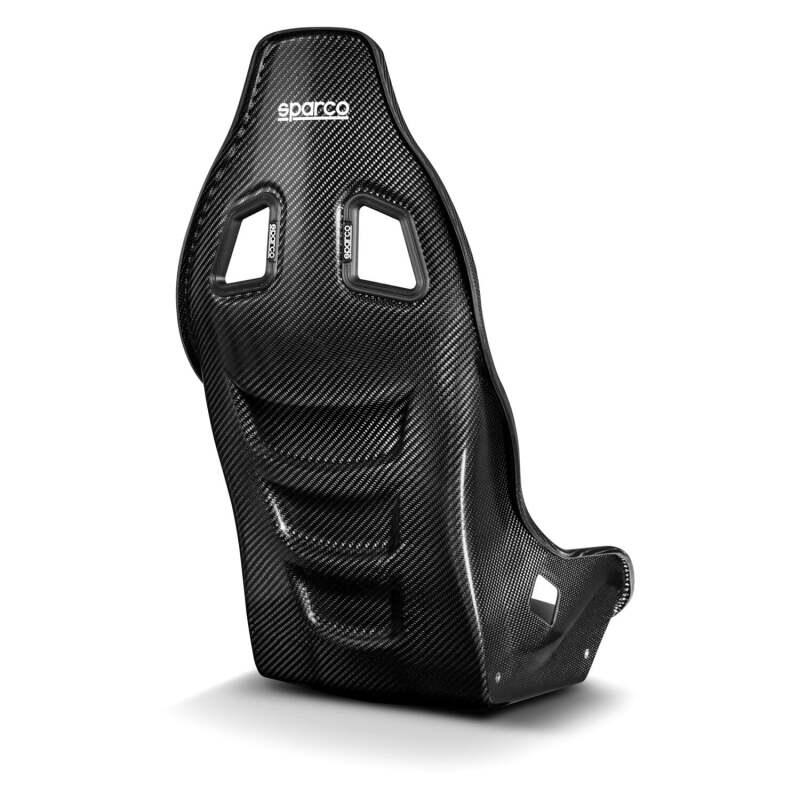 Black Sparco Ultra Carbon race seat with racing harness and sporty design, showcasing lightweight construction and supportive bolsters.