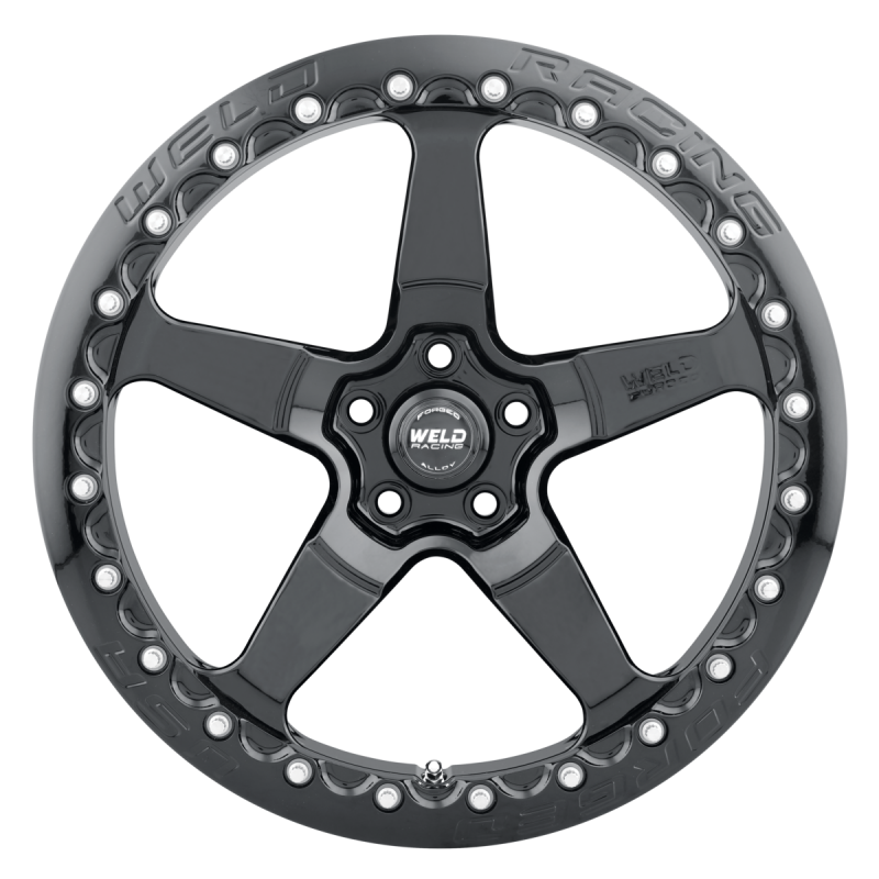 Weld RM505 forged wheel in gloss black, 18x9 inches, 5x112 bolt pattern, 66.6mm hub bore, 6.13 inch backspacing, non-BL finish