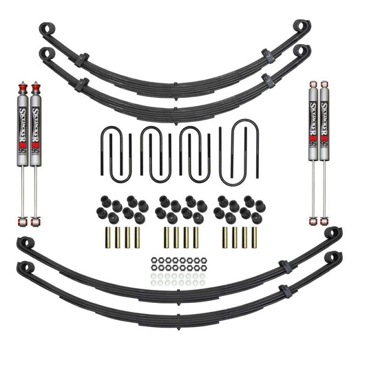 Skyjacker Scout II 4-foot lift kit with M95 components installed on a vehicle, showcasing suspension upgrade for off-road performance.