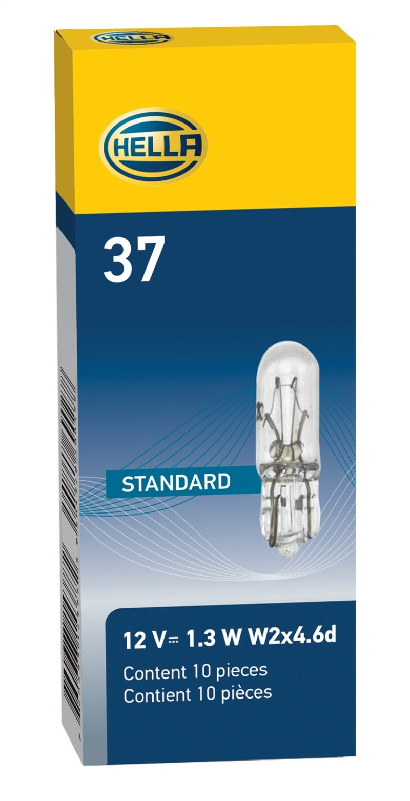 Hella 37 12V 1.3W W2X4.6d T1.75 bulb showing the small automotive light with clear glass and metal base.
