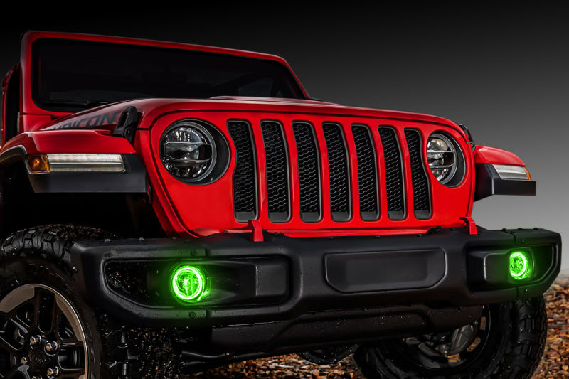 Oracle Lighting green LED surface mount fog light halo kit for Jeep Wrangler JL and Gladiator JT, featuring bright halo rings.