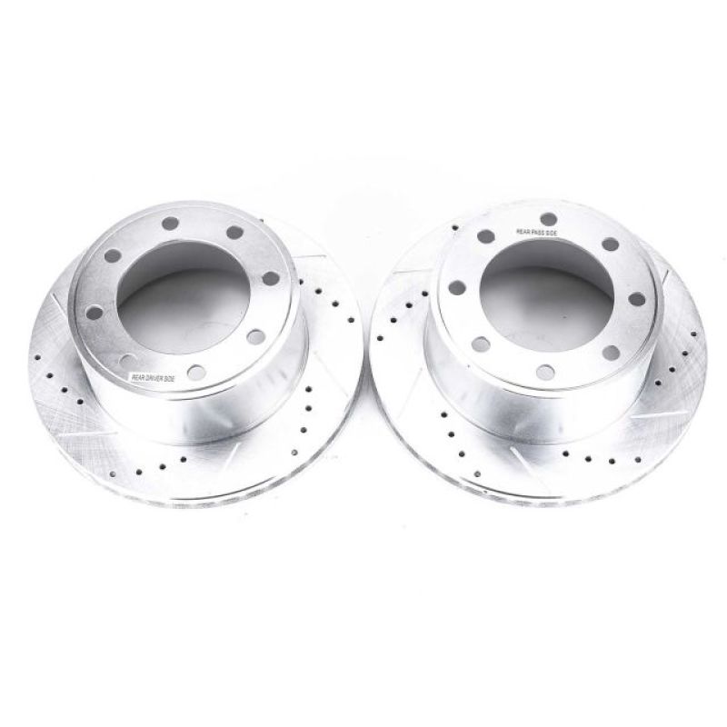 Pair of PowerStop rear drilled and slotted brake rotors for Ford F-350 Super Duty, durable brake component with vented design.
