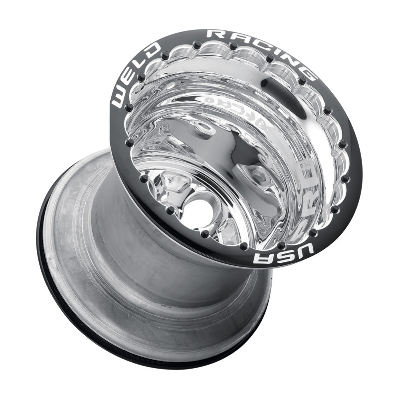Weld Alpha-1 Pro forged wheel with polished center and shell, 15x13 inches, 5x5.5 and 3 BS bolt pattern, double mount.