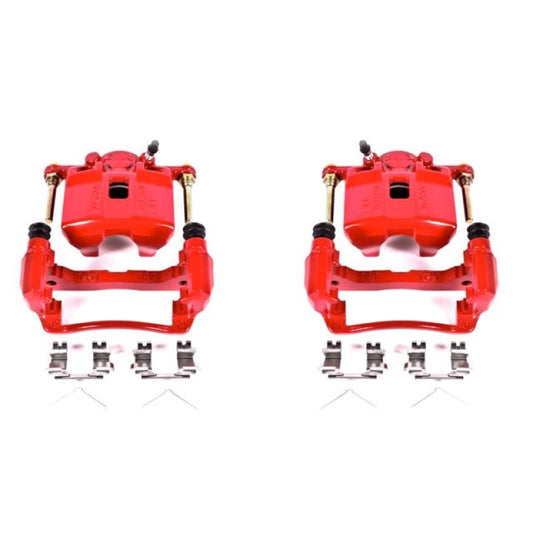 Pair of PowerStop front red brake calipers with brackets for Acura RSX 2002-2006, performance upgrade for enhanced braking.