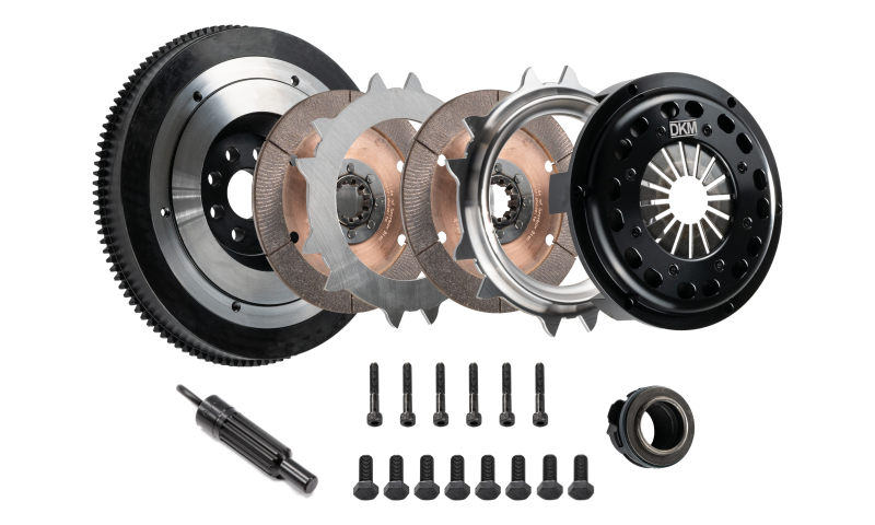 DKM Clutch kit for VW Corrado/GTI 2.8L VR6 with twin disc MR clutch and flywheel, rated for 650 ft/lbs torque, installed in engine bay