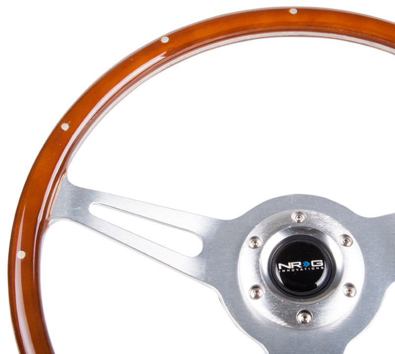 NRG Classic wood grain steering wheel with metal accents and polished aluminum center, 3-spoke design, 365mm diameter.