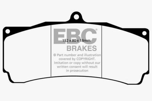 EBC Brakes Redstuff ceramic brake pads for high-performance vehicles, showing the red brake pad material and metal backing plate.