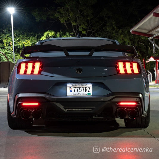 Pair of FORM Lighting 2018+ Mustang LED rear reflectors with red light strips, designed for automotive tail light enhancement.