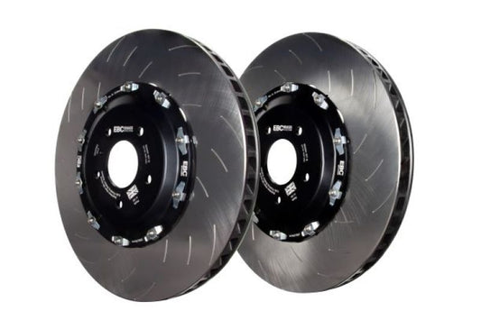 EBC Racing 2012+ Nissan GT-R R35 2-piece front brake rotors with vented disc and silver finish, designed for high-performance braking.