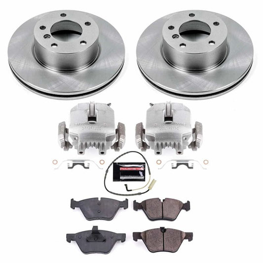 PowerStop OE brake kit with front calipers for 2006 BMW 325xi, including brake rotors and hardware, installed on the vehicle.