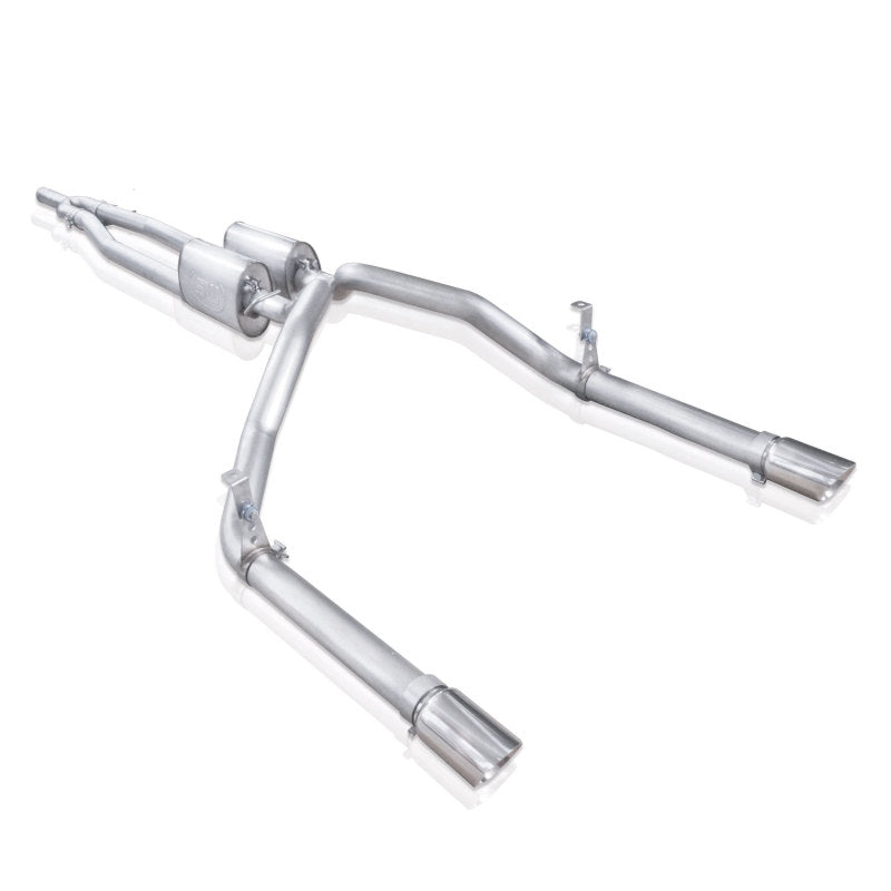 Stainless Works catback exhaust Y-pipe for Chevy Silverado and GMC Sierra 2007-16 with under bumper exit, stainless steel finish.