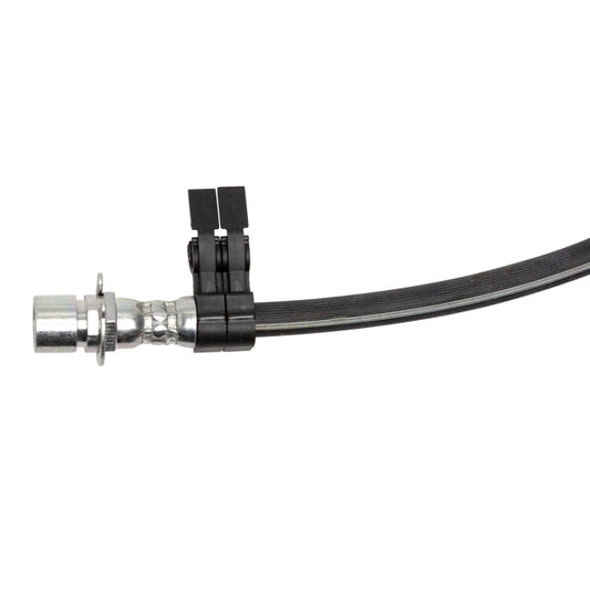 DFC 16-23 Cadillac ATS front right brake hose from brake line kit, black rubber with metal fittings, installed on vehicle suspension.