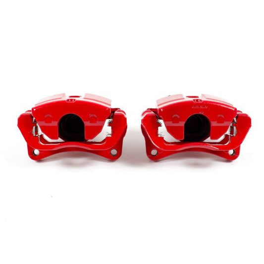 Pair of PowerStop red front brake calipers with brackets for Chrysler 200 2015-2017, high-performance automotive brake system