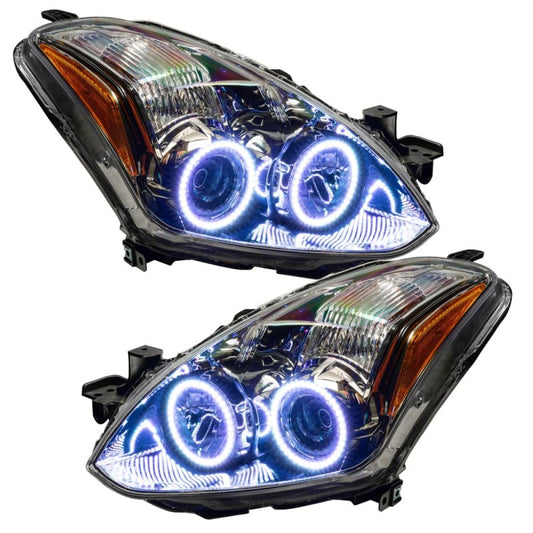 Oracle Nissan Altima 13-15 sedan SMD ColorSHIFT headlights with BC1 controller, showing illuminated multi-color LED headlight assembly.