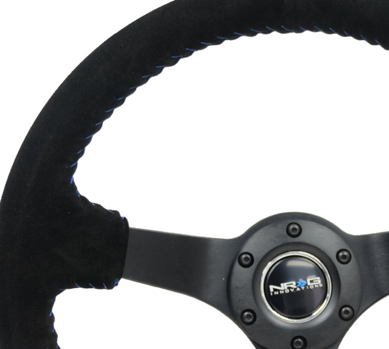 NRG reinforced 350mm suede steering wheel with blue basketball stitch and matte black 5mm spokes, designed for car racing.