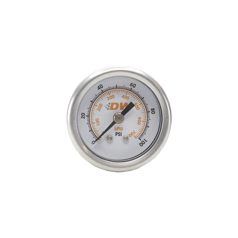 DeatschWerks mechanical fuel pressure gauge with 1.5-inch black housing, 0-100 PSI range, 1/8 inch NPT fitting, clear dial.