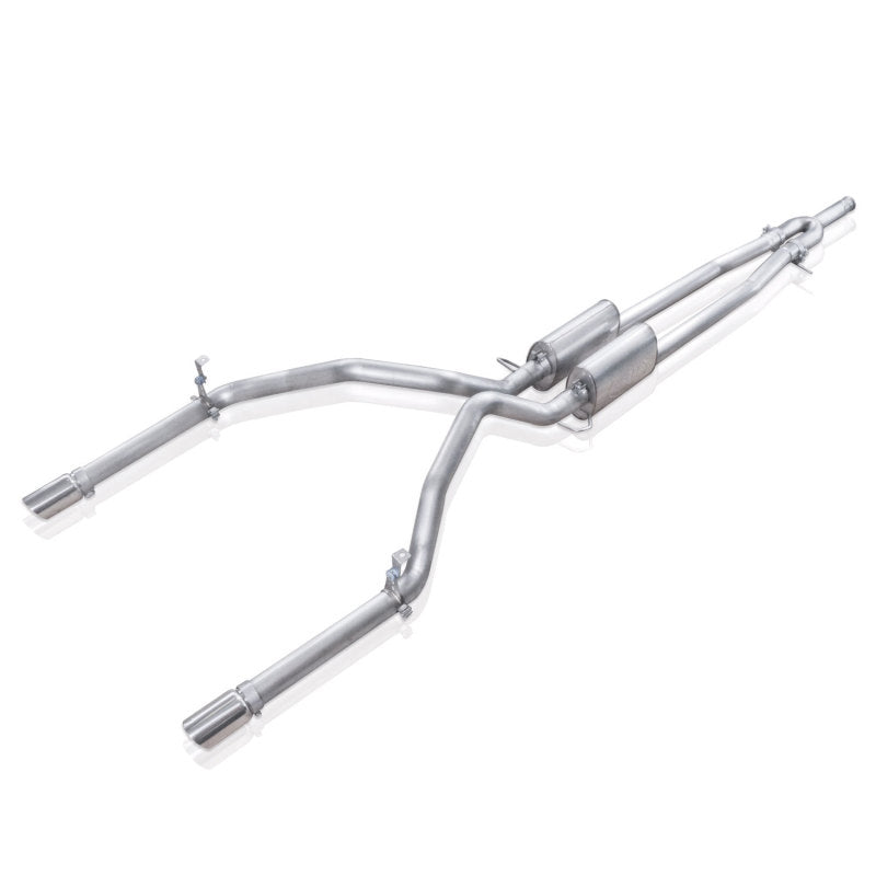 Stainless Works catback exhaust Y-pipe for Chevy Silverado and GMC Sierra 2007-16 with under bumper exit, stainless steel finish.