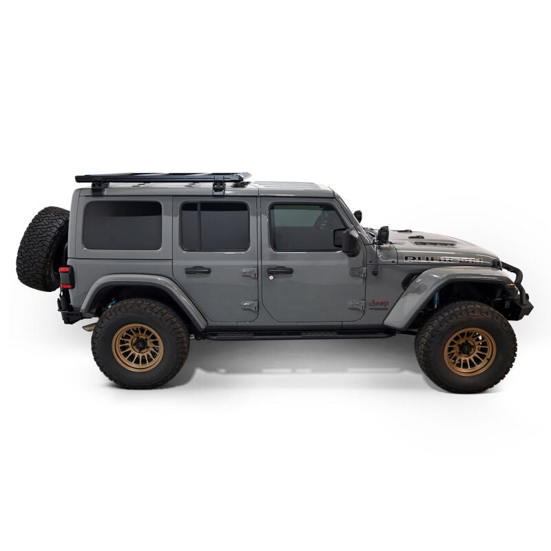 Westin Jeep Wrangler JL Unlimited Mesa Roof Rack, durable metal roof rack with black finish mounted on vehicle roof.