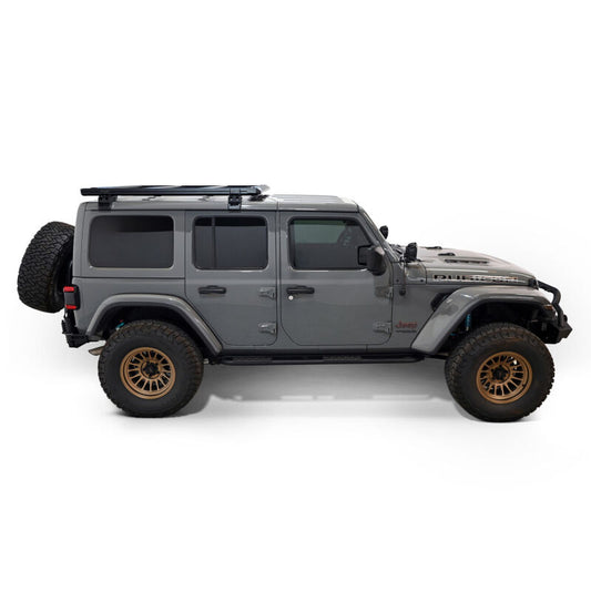 Westin Jeep Wrangler JL Unlimited Mesa Roof Rack, durable metal roof rack with black finish mounted on vehicle roof.