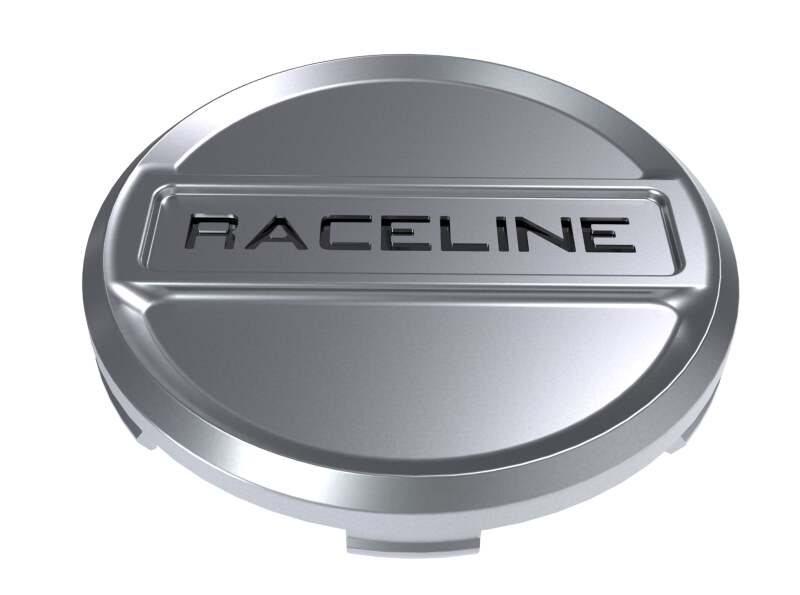 Raceline 960MB silver wheel center cap with snap-in design, showcasing the sleek, metallic finish and branded logo detail.
