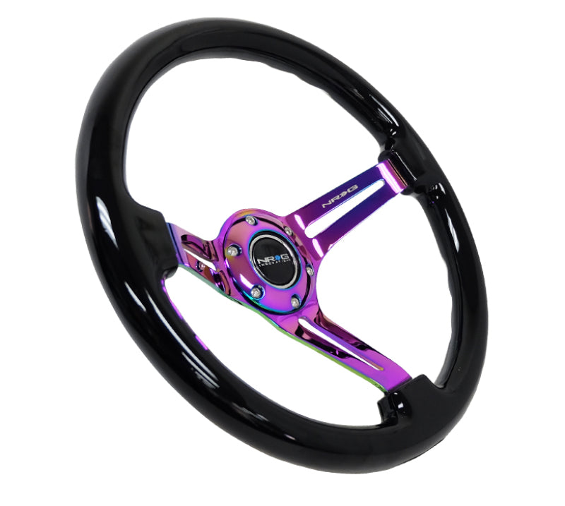 NRG reinforced 350mm black wood steering wheel with matte black spokes and Neochrome center mark for sports cars