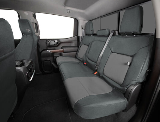 Covercraft Endura PrecisionFit second row seat covers for Ford Bronco 2021-2024, charcoal and silver color, custom fit.
