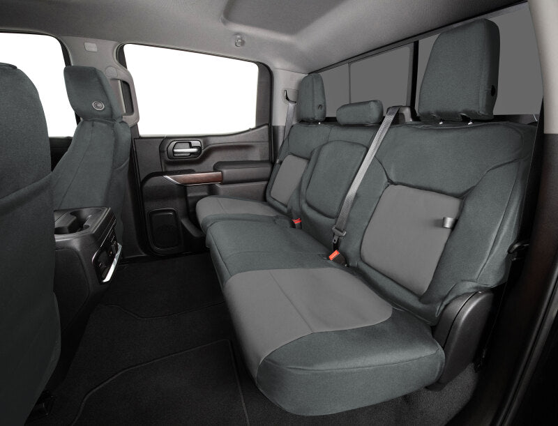 Covercraft Endura PrecisionFit front seat covers for 2021-2024 Ford Bronco in charcoal and silver, custom fit for front seats.
