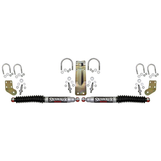 Skyjacker dual stabilizer kit with silver finish for lift kit installation, showing the stabilizer components and mounting hardware.