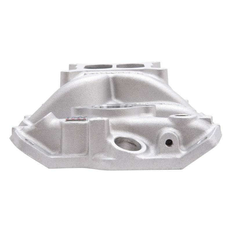 Edelbrock Performer EPS intake manifold with oil fill tube and breather for small-block Chevy engine, shown from side angle