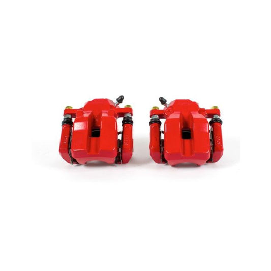 Pair of PowerStop rear red brake calipers with brackets for Toyota RAV4 2006-2012, performance disc brake replacement.
