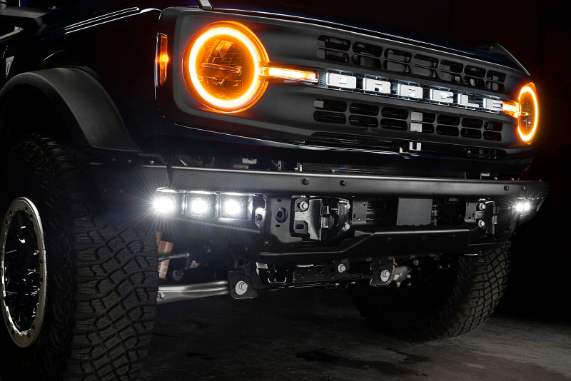 ORACLE Lighting Ford Bronco 21-22 triple LED fog light kit installed on steel bumper, white fog lights for off-road visibility