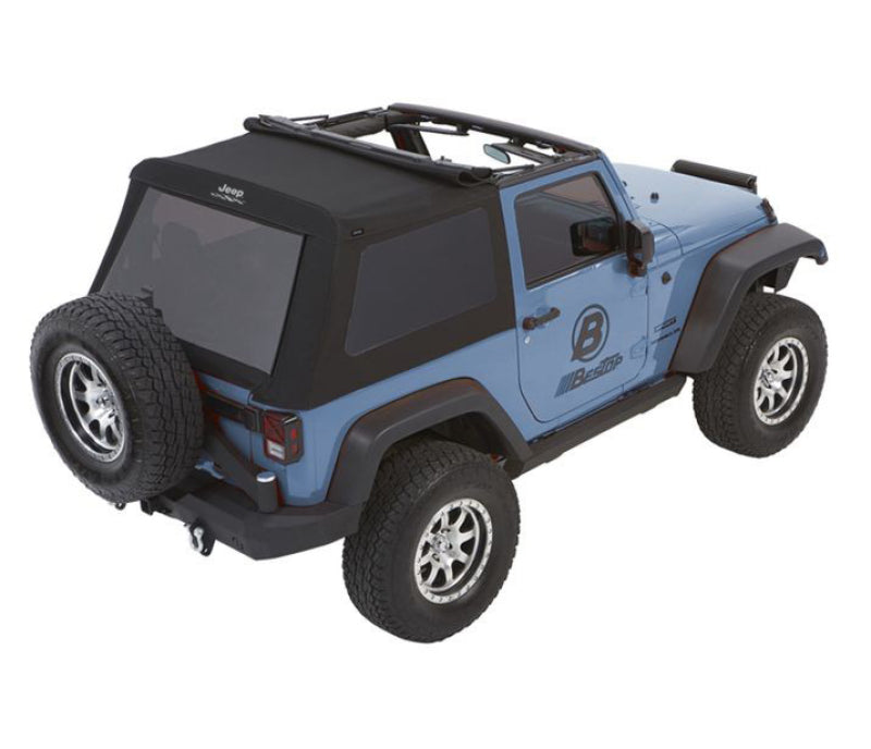 Bestop Jeep Trektop Glide soft top for 2007-2018 Jeep Wrangler JK 2-door in black diamond fabric, shown installed on vehicle.