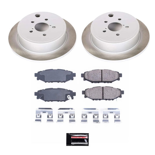 PowerStop rear semi-coated rotor kit for Subaru Outback 2010-2014, performance brake kit with black finish and ventilated design.