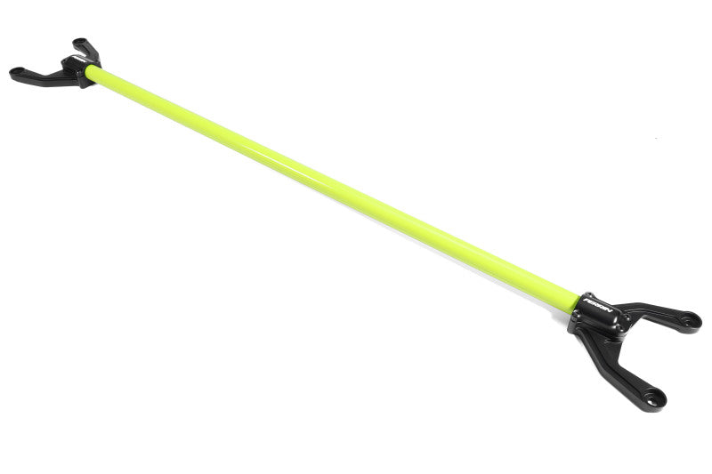 Perrin Performance neon yellow rear shock tower brace for 2015-2021 Subaru WRX/STI, enhancing vehicle stability and chassis rigidity.