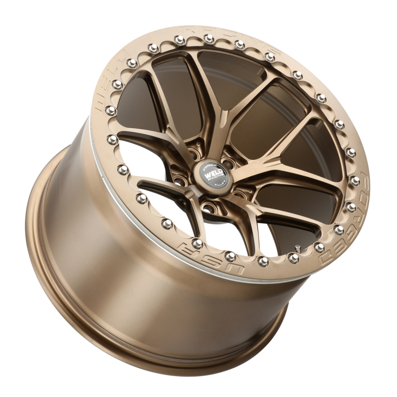 Weld RM105 forged wheel in satin bronze, 18x10 inches, 5x4.5 bolt pattern, 66.6mm hub, non-BL design, automotive wheel