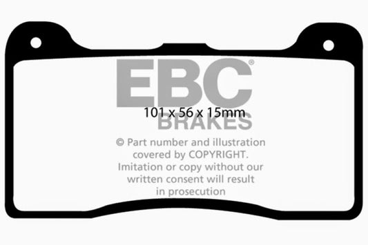 EBC Brakes Wilwood Dynalite Narrow Redstuff ceramic brake pads for high-performance braking, shown in close-up view