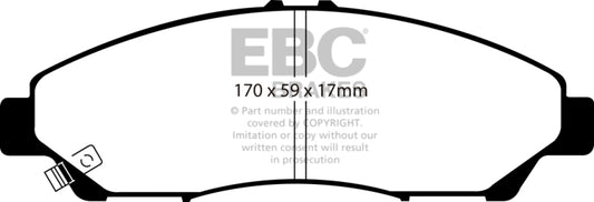 EBC 14+ Acura RLX 3.5 Hybrid Greenstuff front brake pads, performance brake pads with green friction material for enhanced stopping power.