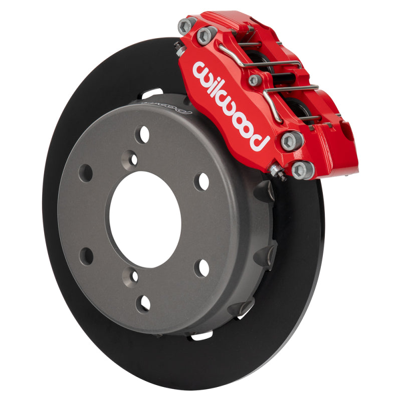 Wilwood 2024 Can Am Maverick front brake kit with 11.60-inch performance drilled rotors in red, designed for off-road vehicles.