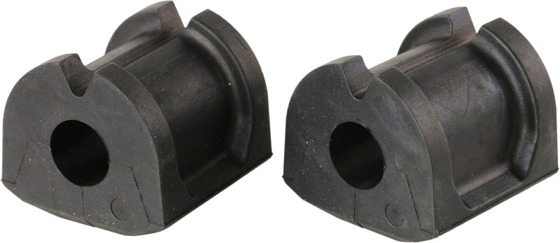 Moog Subaru XV Crosstrek rear sway bar bushings kit installed on the stabilizer bar, showing the rubber bushings and metal brackets.