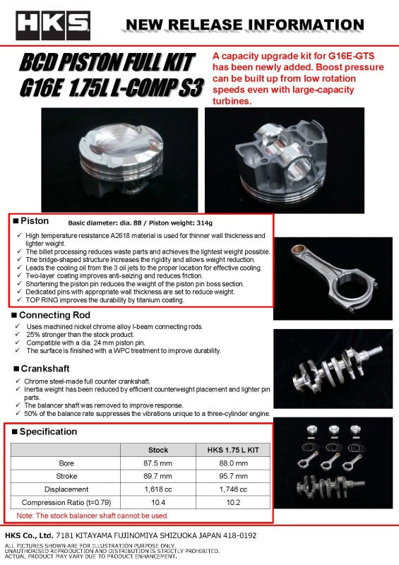 HKS forged piston set for G16E 1.75L L-Comp S3 D88 engine, 4-cylinder high-performance engine components