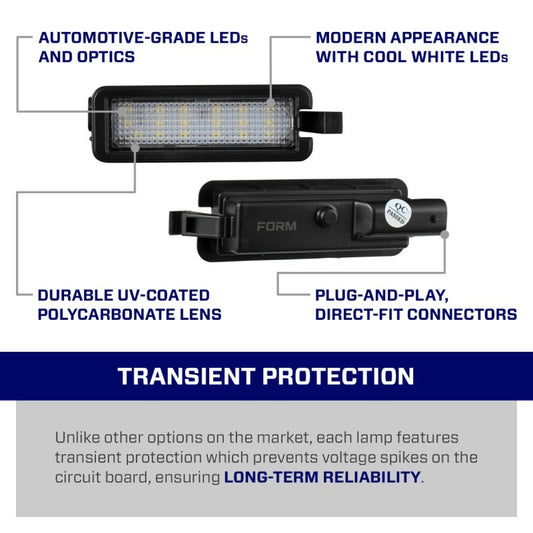 Form Lighting Challenger LED license plate light strip, bright white LED strip for vehicle license plate illumination.