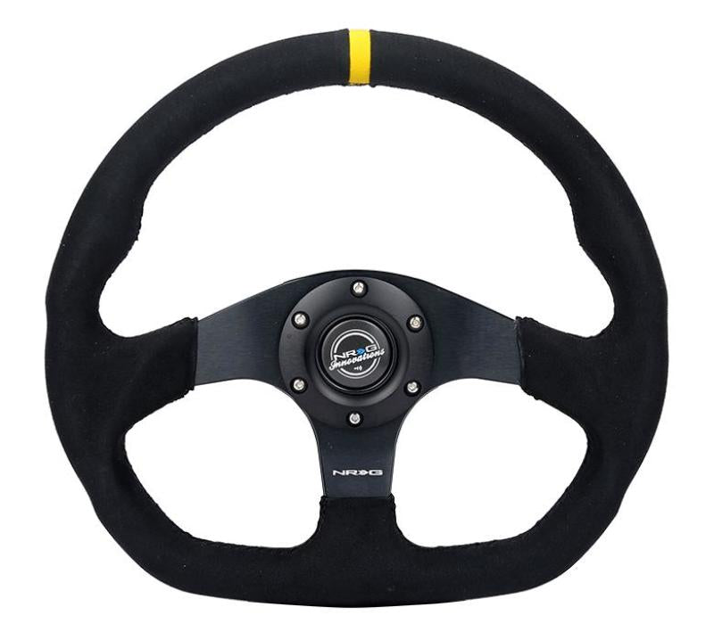 NRG reinforced 320mm sport steering wheel with Alcantara grip, dual push buttons, flat bottom, and yellow center for racing cars