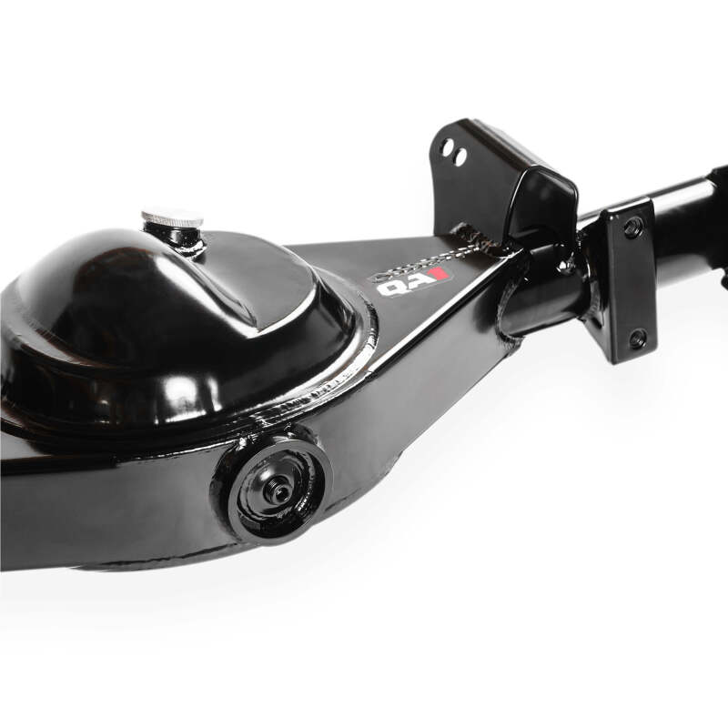 QA1 Ford Mustang 67-69 F / 68-72 X Body rear axle assembly with shocks and struts, showcasing the narrowed 9-inch rear axle.