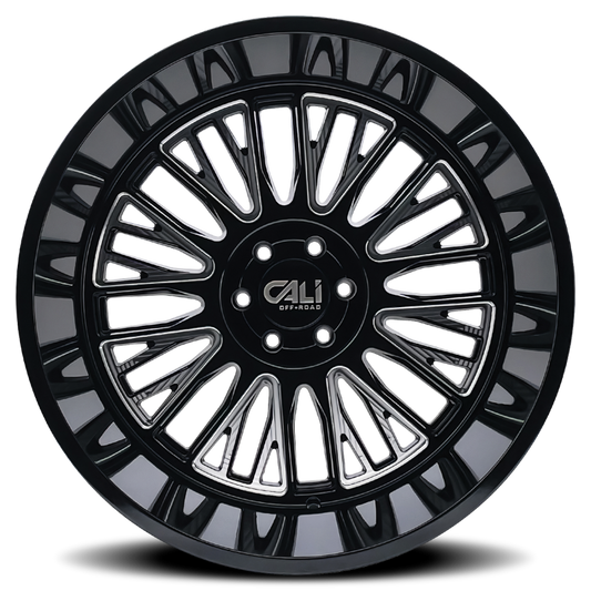 Cali Off-Road Vertex 20x10 cast wheel with gloss black finish and milled accents, featuring 6x139.7 bolt pattern and -25mm offset