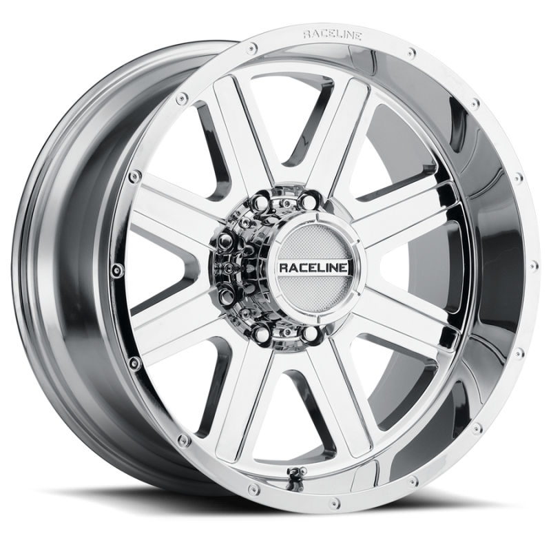 Chrome Raceline 940C Hostage 16x8 inch cast wheel with 6x139.7 bolt pattern, 0mm offset, and 106.1mm bore.