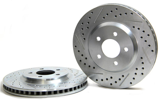 Baer Brakes front slot and drilled performance brake rotors for 2005-2010 Ford Mustang, showing vented metal surface with drilled holes.