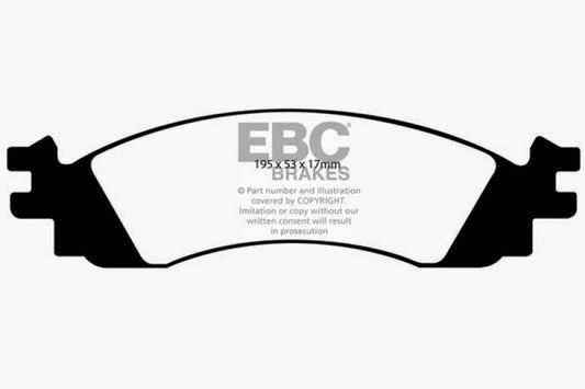 EBC Redstuff performance front brake pads for Ford Taurus 3.5 Twin Turbo SHO, showing the red brake pad material and branding.
