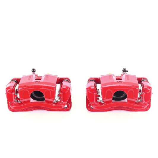 Pair of PowerStop rear red brake calipers with brackets for Hyundai Genesis 2009-2011, performance brake calipers for enhanced stopping power.