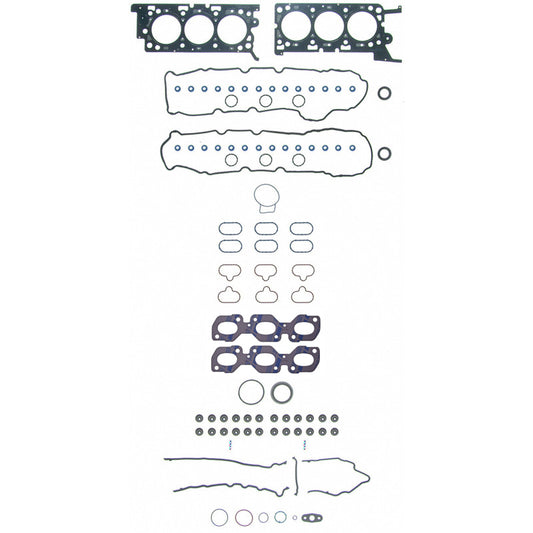 Fel-Pro Ford Fusion PermaTorque engine cylinder head gasket set with metal and rubber components, laid out on a white background.