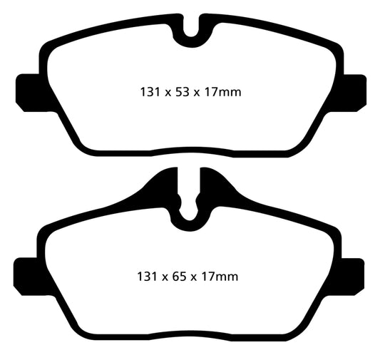 EBC 14+ BMW i3 electric Ultimax2 front brake pads, OE style, showing the brake pad set with metal backing and friction material.